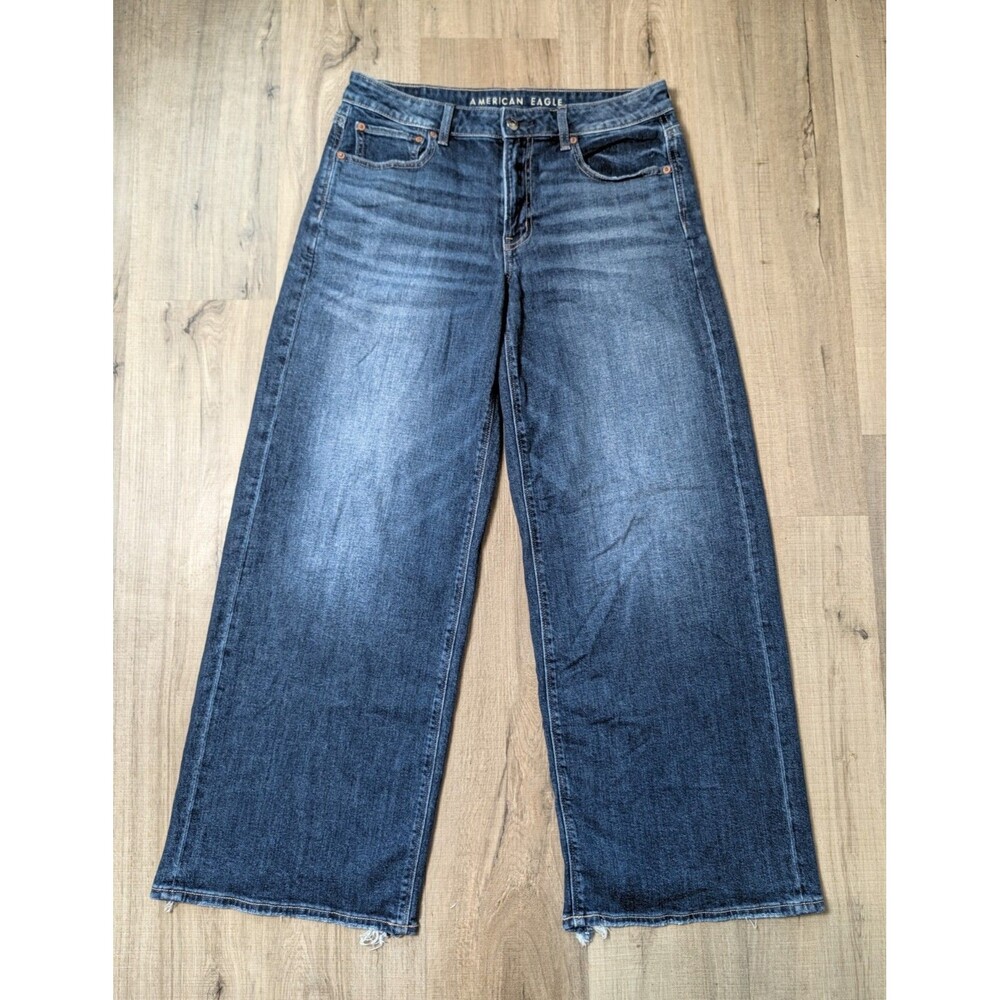 American Eagle Size 6 Low Rise Baggy Wide Leg Jeans Stretch Raw Hem 90s Skater